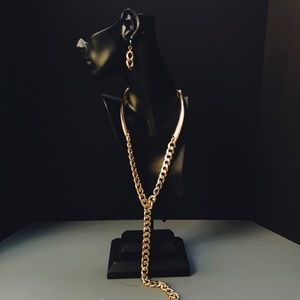 Gold Chunky Long Y Chain Necklace & Earrings set.